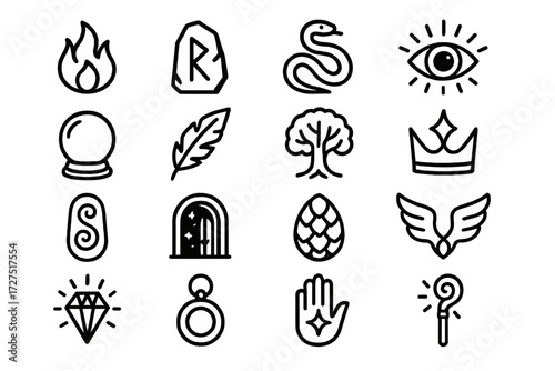 Mystical elements linear icon set. featuring fire, rune, snake, eye, crystal ball, feather, tree, and crown symbols