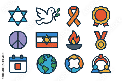 Symbols of Identity. Symbols of Identity icons in modern flat : Star of David, dove, olive branch, ribbon, badge, peace sign, heritage flag, eternal