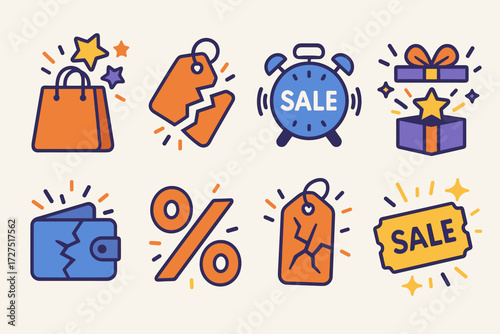 Shopping and sale flat icon set. featuring bag, price tag, sale, gift, wallet, percentage, discount, and coupon symbols