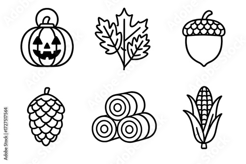 Autumn Decor Icons. Classic Fall Decor icons in outline style: pumpkin lantern, autumn leaf cluster, acorn with cap, hay bale stack, pinecone, corn