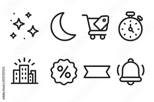 Midnight Sale Icons. Midnight Sale icons in outline style: starry sky, half moon, shopping cart with tag, countdown timer, glowing city, discount