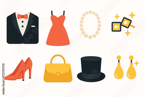 Chic Fashion Accessories. Dressed Up icons in modern flat : tuxedo with bow tie, cocktail dress, pearl necklace, shining cufflinks, high heels pair,