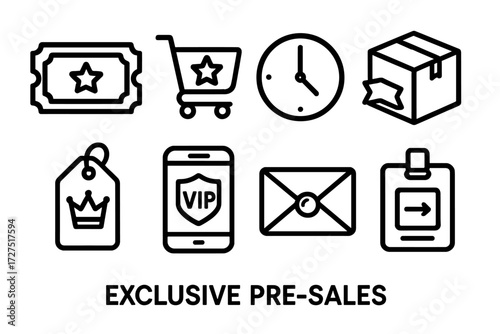 Exclusive Pre-Sales Icons. Exclusive Pre-Sales icons in outline style: golden ticket, shopping cart with star, countdown clock, limited edition box,