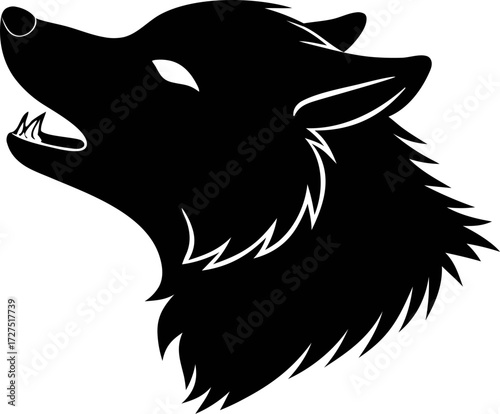 Bold wolf roaring face silhouette vector, ideal for gaming avatars, tattoo art, tribal graphics, and wildlife branding.