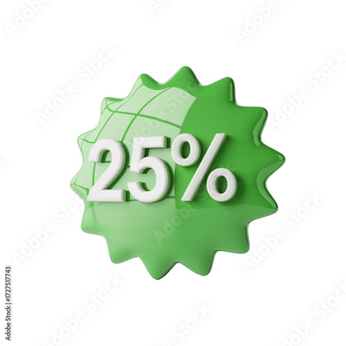 25 percent off discount tag isolated on transparent background, 3d rendering of 25 off discount tag for promotion and sale