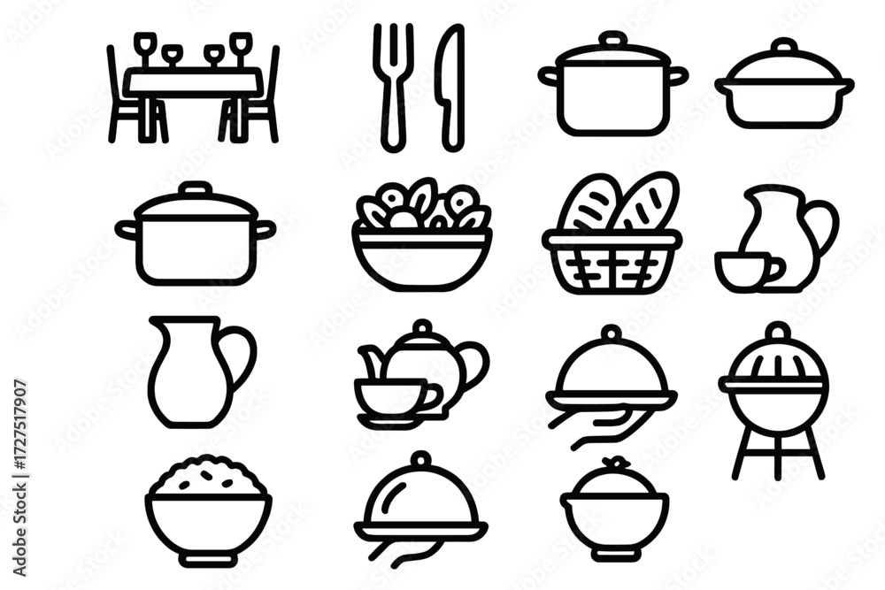 Fototapeta premium Family Meal Icons. Family Gathering Meal icons in outline style: dining table, fork and knife, soup pot, casserole, salad, bread basket, pitcher, tea