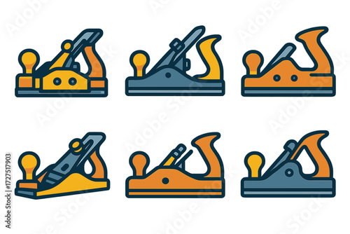 Vibrant Wood Plane Icons. Heavy Duty Wood Plane icons in modern flat : reinforced hand plane, industrial wood plane, large carpentry tool, detailed