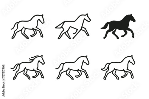 Minimal Horse Icons. Minimal Running Horse icons in outline style: simple line horse, gallop shape, clean silhouette, abstract horse icon, minimal