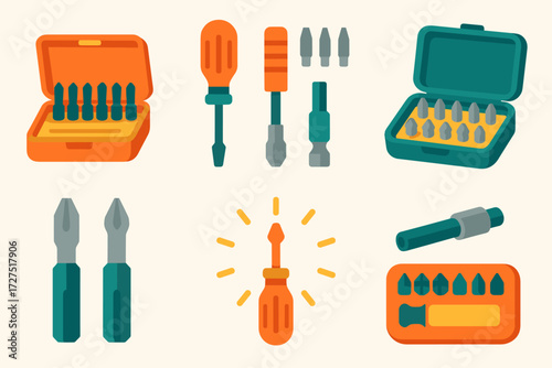 Colorful Bit Set Icons. Bit Set icons in modern flat : drill bit kit, screwdriver with changeable bits, open case of bits, magnetic holder tool,