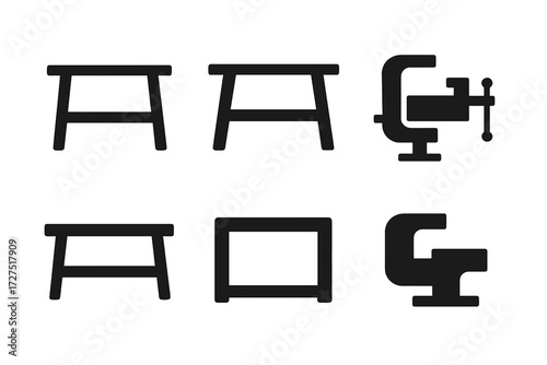 Minimal Workshop Icons. Minimal Workshop Bench icons in outline style: simple line bench, clean outline table, abstract work surface, minimal vise