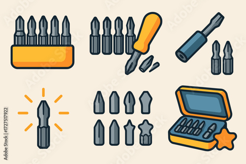Vibrant Bit Set Icons. Bit Set icons in modern flat : box of drill bits, bits arranged in row, screwdriver handle with bits, magnetic bit holder,