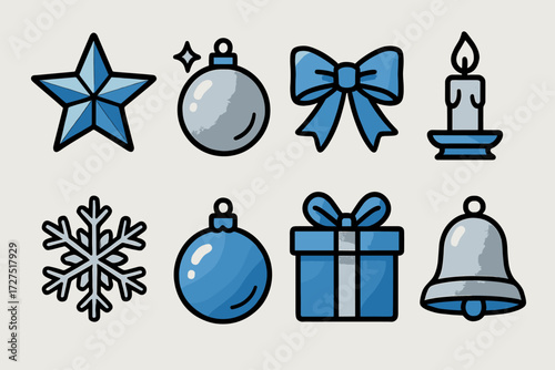 Festive Blue & Silver Icons. Blue and Silver icons in outline style: metallic star, shimmering ornament, ribbon bow, holiday candle, frosty snowflake