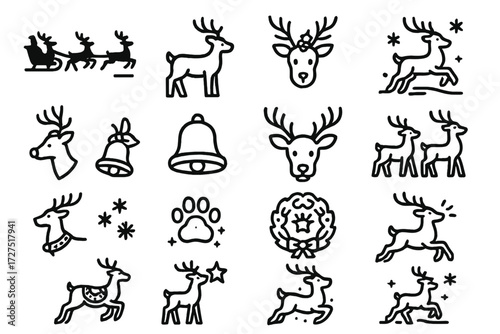 Winter holiday linear icon set. featuring reindeer, sleigh, bell, snowflake, paw, wreath, star symbols