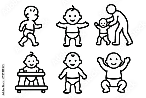 First Steps Icons. Classic First Steps icons in outline style: toddler in diaper walking, baby with outstretched arms, parent guiding steps, baby