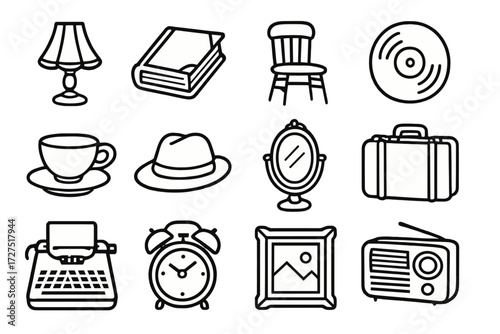 Vintage Thrift Icons. Thrift Finds icons in outline style: vintage lamp, old book, chair, vinyl record, teacup, hat, mirror, suitcase, typewriter,