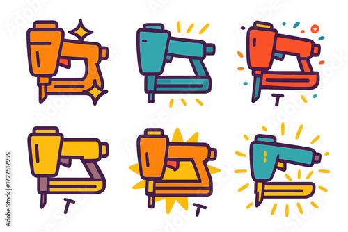 Festive Nail Gun Icons. Festive Nail Gun icons in modern flat : sparkling nail gun, glowing construction tool, celebratory fastener icon, confetti