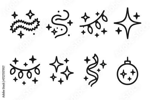Shimmering Tinsel Icons. Tinsel Sparkle icons in outline style: shiny tinsel, glitter swirl, twinkling strand, radiant star, glowing garland, festive