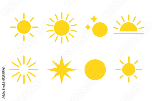 Minimal Solar Icons. Solar Rays icons in modern flat : sun icon, radiant light, sparkling circle, horizon glow, beam rays, shining starburst, solar