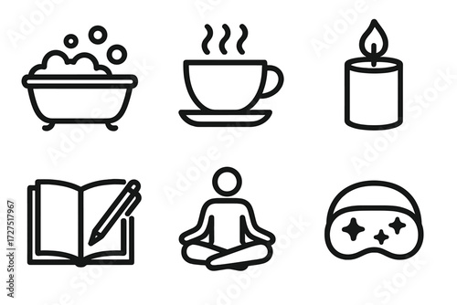 Self-Care Icons. Self-Care Practices icons in outline style: bath tub bubbles, cup of tea steam, candle flame, open journal pen, yoga lotus pose,