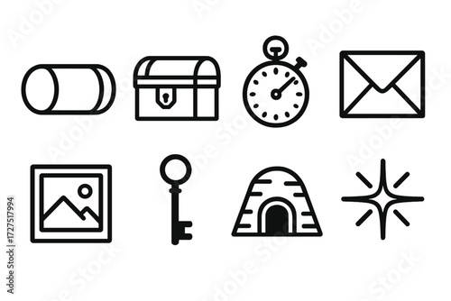 Time Capsule Icons. Time Capsule icons in outline style: metal capsule, sealed chest, stopwatch, old letter, photo frame, antique key, hidden