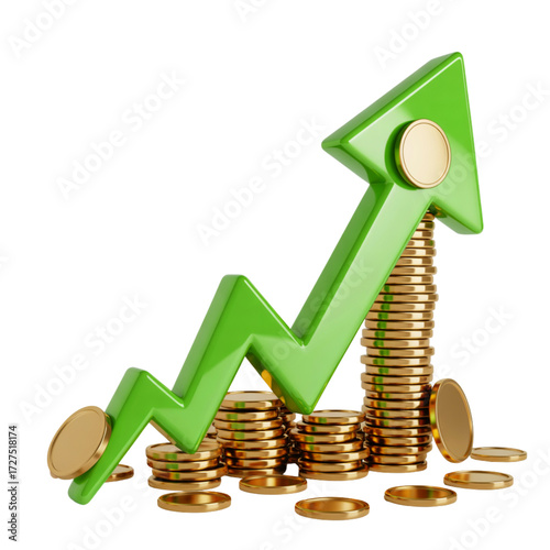 Financial growth chart with coins isolated on transparent background, 3d rendering of financial growth chart with coins for investment and success