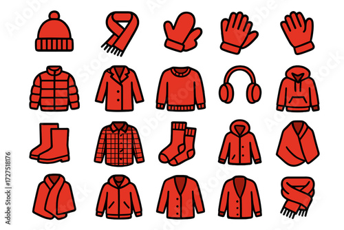 Winter Red Icons. Winter Red Clothing Icons icons in outline style: red beanie, red scarf, red mittens, red gloves, red puffer jacket, red wool coat,