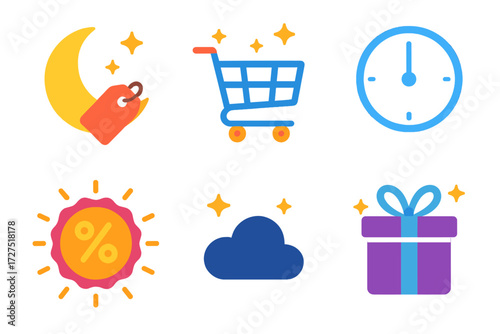 Midnight Shopping Icons. Midnight Deals Icons icons in modern flat : crescent moon with tag, shopping cart under stars, clock striking twelve,