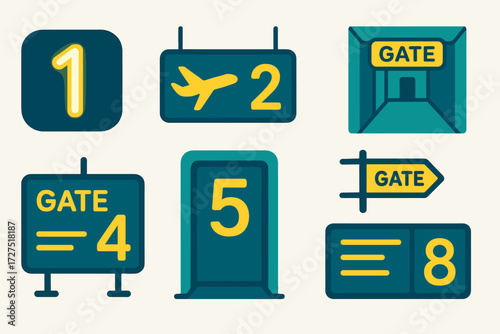 Glowing Gate Icons. Gate Number icons in modern flat : glowing terminal digits, airplane icon with number, gate hallway with sign, illuminated