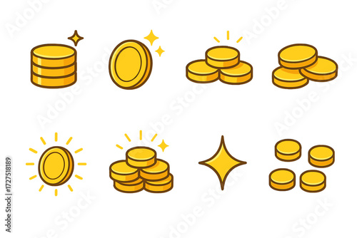 Vibrant Gold Coins. Gold Coins icons in modern flat : shiny stack, glowing single coin, treasure pile, scattered gold, starburst coin, radiant heap,