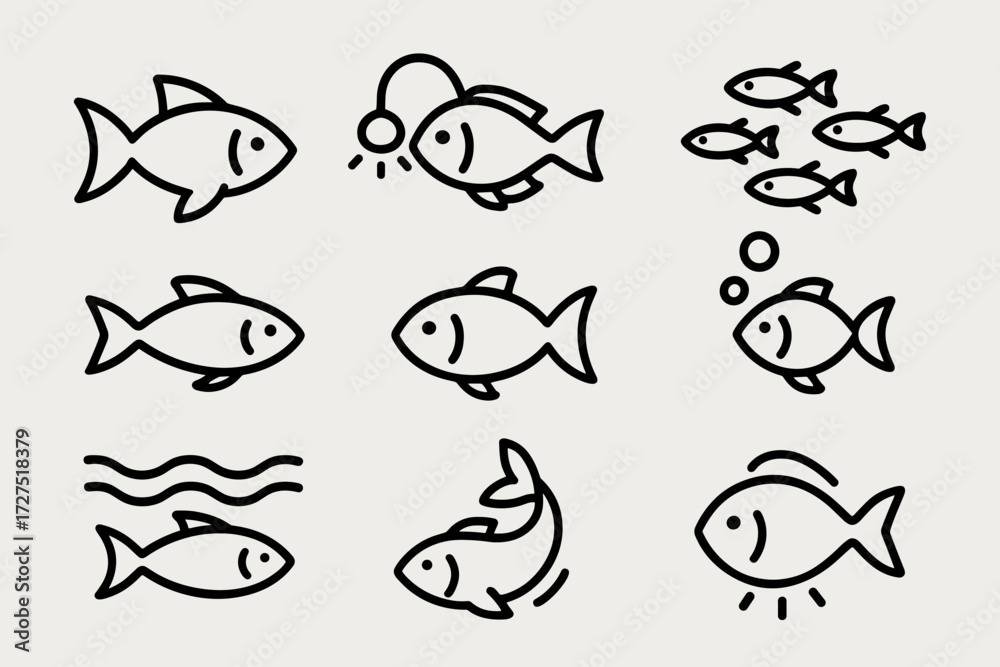 Naklejka premium Glowing Aquatic Icons. Swimming Fish icons in outline style: fish with fins wide, glowing fish in water, school of small fish, single fish swimming,