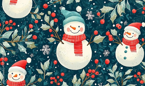 Festive winter pattern with snowmen, berries, and foliage