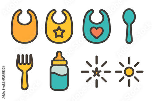 Baby essentials flat icon set. featuring bib, spoon, fork, bottle, and star symbols
