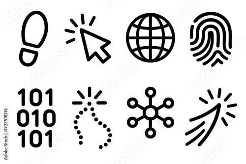 Digital Footprint Icons. Digital Footprint icons in outline style: shoe print, mouse cursor, globe icon, fingerprint, binary code, glowing track,