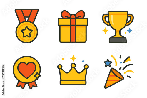 Colorful Reward Icons. Personal Rewards Symbols icons in modern flat : star medal, gift box ribbon, shining trophy, heart badge, crown sparkle,