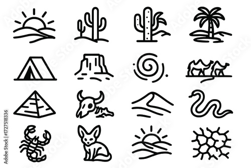 Desert Landscape Icons. Desert Landscape Icons icons in outline style: sunrise over dunes, sunset glow, cactus plant, palm oasis, tent shelter, rocky