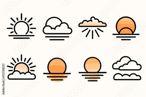 Radiant Sunset Glow. Sky Warmth icons in outline style: glowing sunset, warm sky gradient, sun rays through clouds, horizon warmth, radiant evening