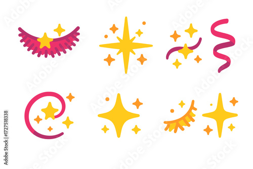 Festive Sparkle Icons. Tinsel Sparkle icons in modern flat : glittery garland, radiant starburst, twinkling tinsel, ribbon curl, sparkling swirl,