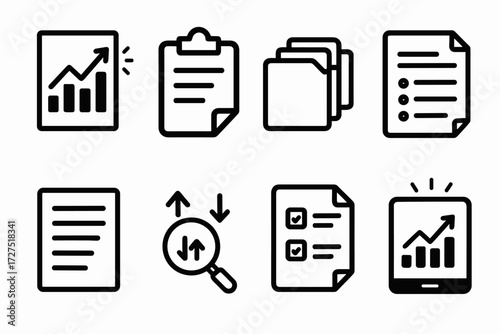Data Log Icons. Data Log icons in outline style: report with glowing data, clipboard with sheet, stacked file icons, server log document, paper rows,