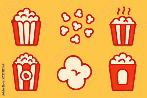 Modern Popcorn Icon. Popcorn Bag icons in modern flat : overflowing striped popcorn bag, glowing snack icon, scattered kernels, bag with steam lines,