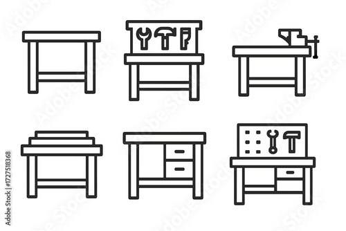 Workshop Bench Icons. Workshop Bench Icons icons in outline style: sturdy workbench, bench with tools, vise on bench, wooden table with planks,