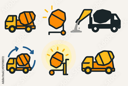 Vibrant Concrete Mixer Icons. Concrete Mixer icons in modern flat : construction vehicle with drum, barrel icon glowing, pouring cement chute, truck