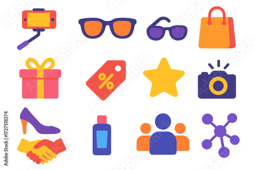 Modern Influencer Icons. Influencer Activity icons in modern flat : selfie stick, sunglasses, gift box, shopping bag, discount tag, star badge,