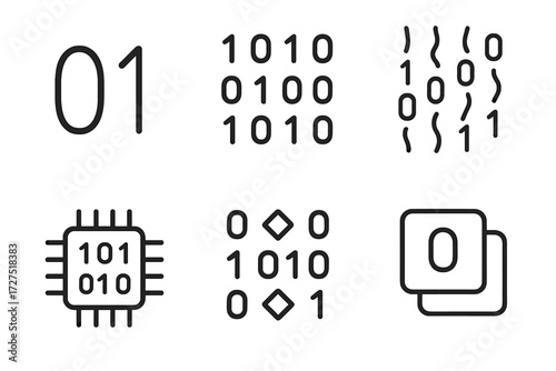 Minimal Binary Icons. Minimal Binary Code icons in outline style: simple 0/1 icon, clean grid of digits, abstract binary stream, outlined computer