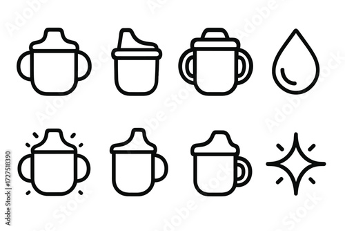 Baby products linear icon set. featuring bottles, cup, sippy, droplet, shine symbols