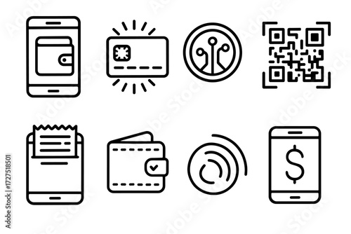 Digital Wallet Icons. Digital Wallet icons in outline style: mobile screen with wallet, credit card chip glowing, coin with circuit design, QR code