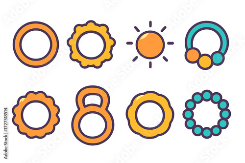 Modern Teething Ring Icons. Teething Ring icons in modern flat : smooth round ring, baby chew toy with bumps, glowing circle icon, ring with beads