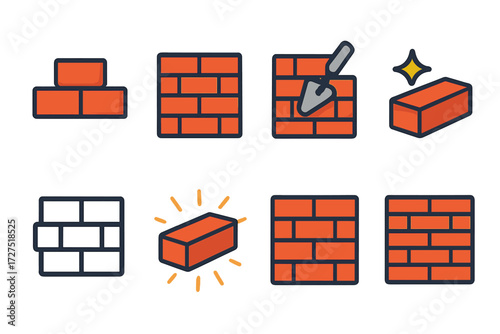 Construction flat icon set. featuring bricks, wall, trowel, and sparkle symbols