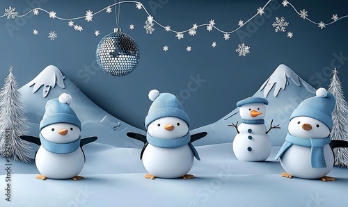 Festive winter scene with penguins and snowman