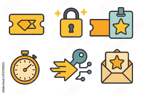 Modern Access Icons. Early Access icons in modern flat : golden pass, shining lock, open ticket, access card with star, timer icon, fast track arrow,