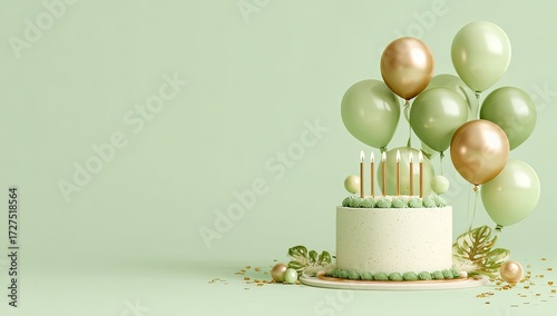 A light green birthday cake scene with balloons and candles
